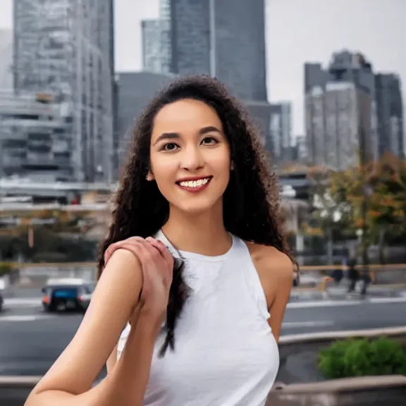 Prompt: portrait of 2 5 - year - old woman godess with angle 1 0 0 ° centred looking away fresh air, strong spirit and look happy, background city blured futuristic