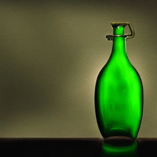 Prompt: a painting of a steampunk potion bottle filled with green liquid in a dark dusty vintage science lab, by h. r. giger, hyperrealistic fantasy art, concept matte, ethereal, dreamy, digital art, trending on artstation, volumetric cinematic lighting