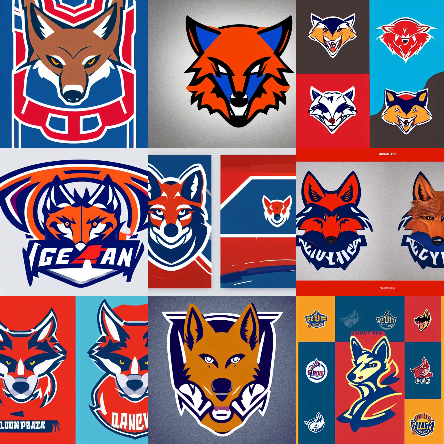 Prompt: Brand guidelines for a sports team with a coyote mascot looking right, right hand side profile, brand colours are red and blue, fierce, angry, hairy, vector, vectorised, pixel perfect, professional graphic design, NBA logo, NBA logo