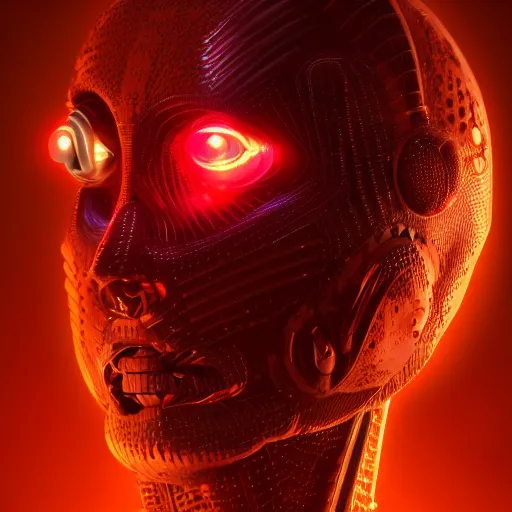 Image similar to sophisticated portrait of glowing, warm, reddish, atmospheric, misty, leds, futuristic cybernetic warrior alien in profile, highly intricate, detailed humanoid, trending on artstation