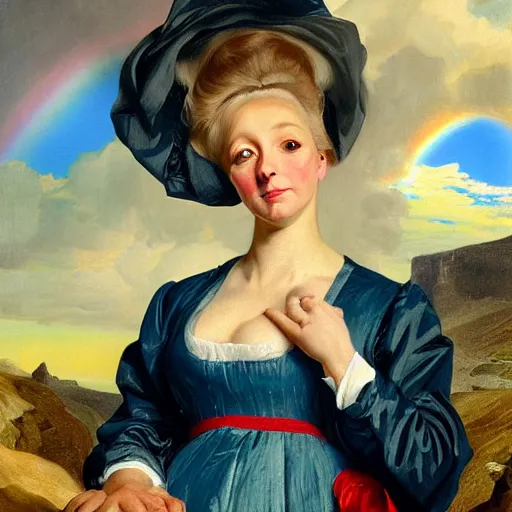 Image similar to Yorkshire Terrier under a rainbow in Santorini in the style of Lady with an Ermine, head and shoulders portrait, stormy weather, extremely detailed masterpiece, oil on canvas, by J. C. Leyendecker and Peter Paul Rubens and Edward Hopper and Michael Sowa,