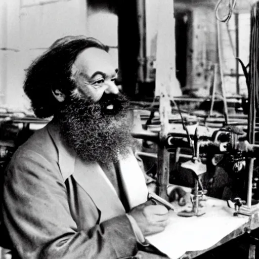 Prompt: Karl Marx smiling, working in sweatshop, happy, photograph