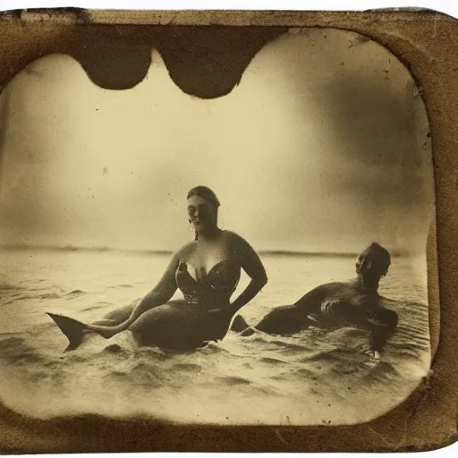 Image similar to tintype photo, underwater, mermaids swimming