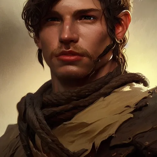 Prompt: portrait of a young rugged ranger, muscular, upper body, longsword, D&D, fantasy, intricate, cinematic lighting, highly detailed, digital painting, artstation, concept art, smooth, sharp focus, illustration, art by Artgerm and Greg Rutkowski and Alphonse Mucha