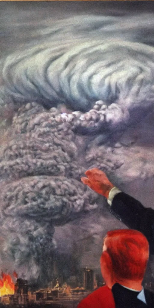 Prompt: United States President viewing the destruction of the Capital, Nuclear Cloud, 1958, Oil on Canvas, Antiwar, full body