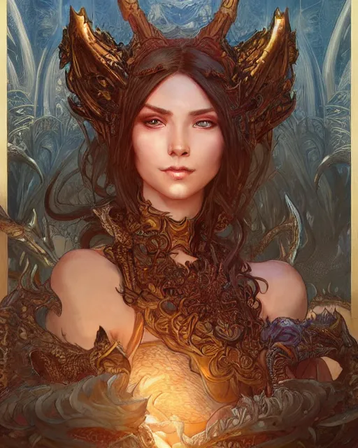 Image similar to Portrait of a dragon person, HD, illustration, epic, D&D, fantasy, intricate, elegant, highly detailed, digital painting, artstation, concept art, smooth, sharp focus, illustration, art by artgerm and greg rutkowski and alphonse mucha, monster hunter illustrations art book