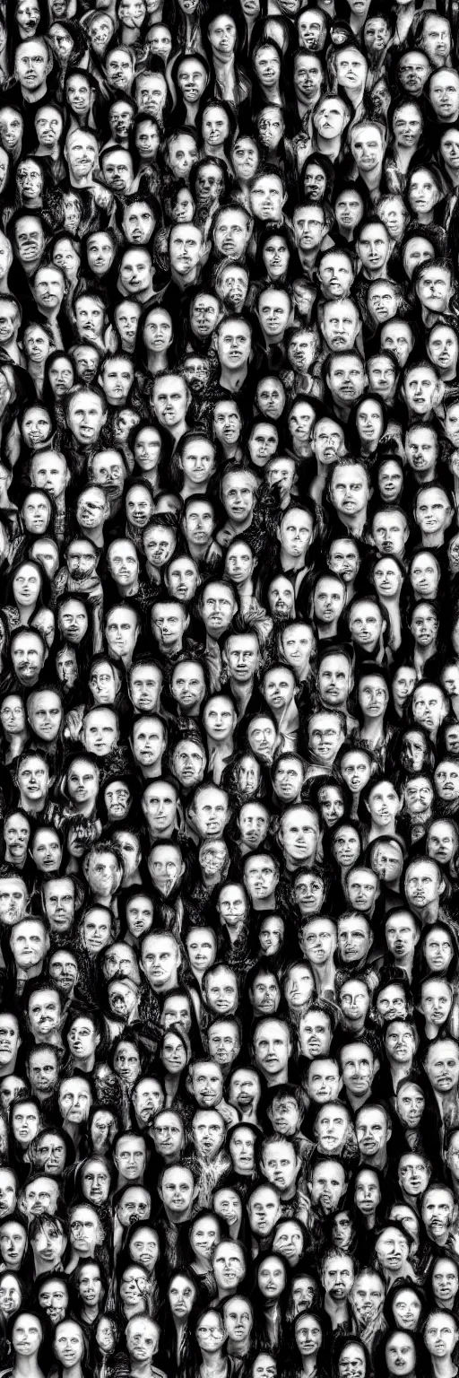 Prompt: a realistic black and white photograph of thousands of faces with different expressions joined and scrambled in low light.