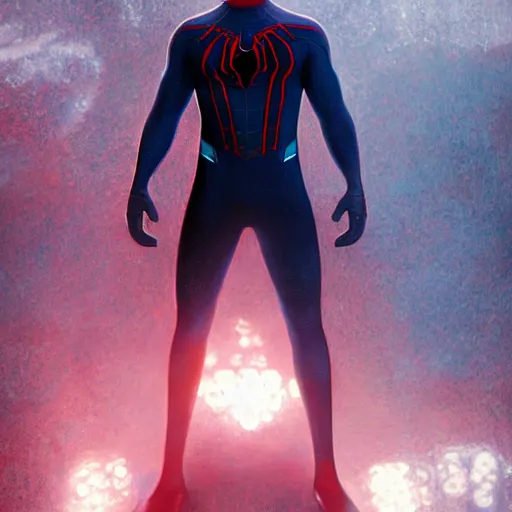 Image similar to ryan reynolds as a black and blue suit spider - man, cinematic, volumetric lighting, f 8 aperture, cinematic eastman 5 3 8 4 film, photorealistic by greg rutkowski, by stanley artgerm, by alphonse mucha