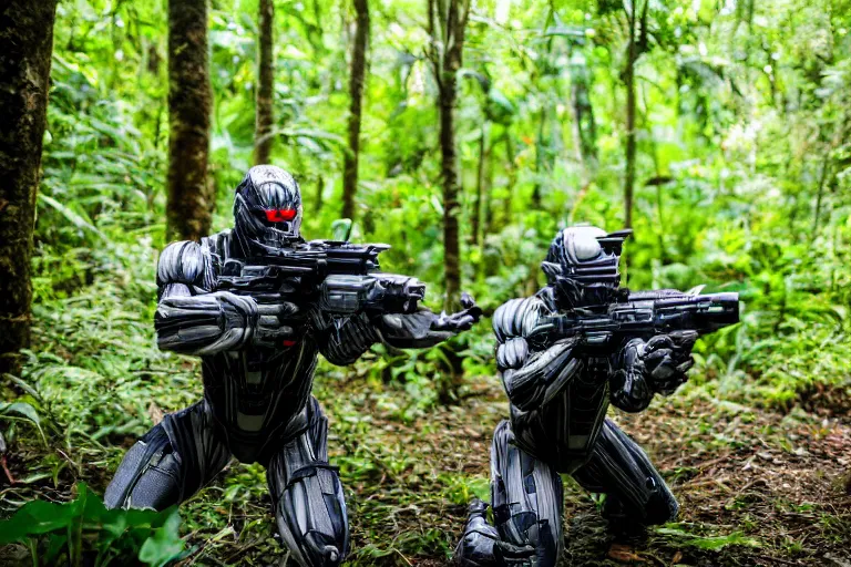 Image similar to Crysis Nanosuit shooting at enemies in a jungle combat photography 2022, Canon EOS R3, f/1.4, ISO 200, 1/160s, 8K, RAW, unedited, symmetrical balance, in-frame,