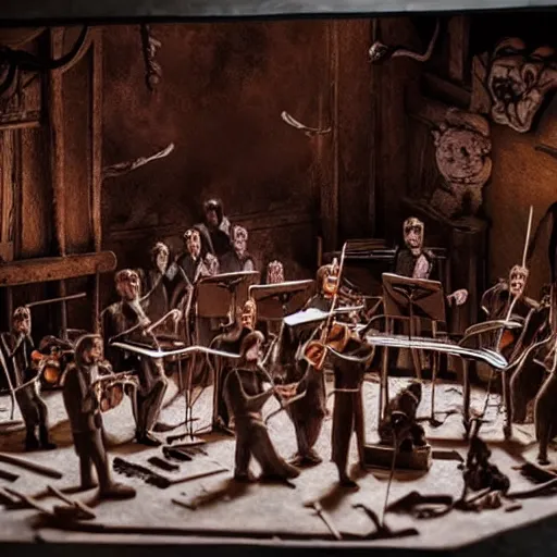 Image similar to the last orchestra, extremely detailed claymation art, dark, moody, foggy