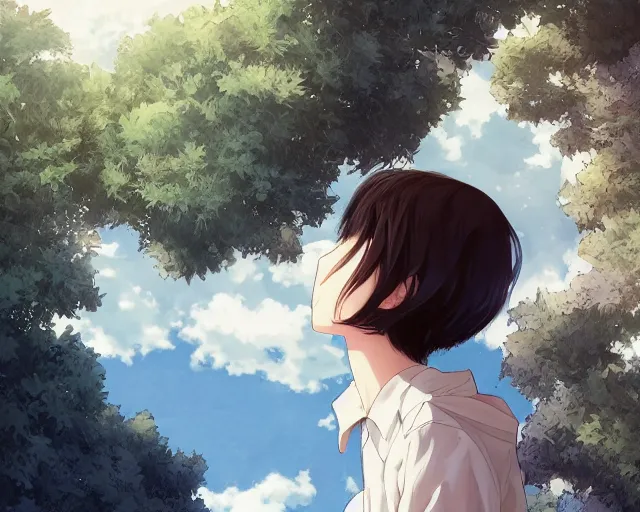 Image similar to teen looking at blue sky, wearing white shirt, back turned, looking up, illustration, by pine ( ハイネ ) and 薯 子 imoko and 香 川 悠 作 and wlop and maya takamura, highly detailed, trending artstation, pixiv, digital art