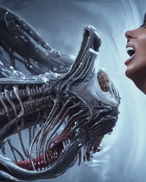 Image similar to film still of kim kardashian being licked by an xenomorph slathered in a transparent alien liquid, wet flowing hair, gooey skin, illustration, unreal engine 5, 8 k, directed by h. r. giger.