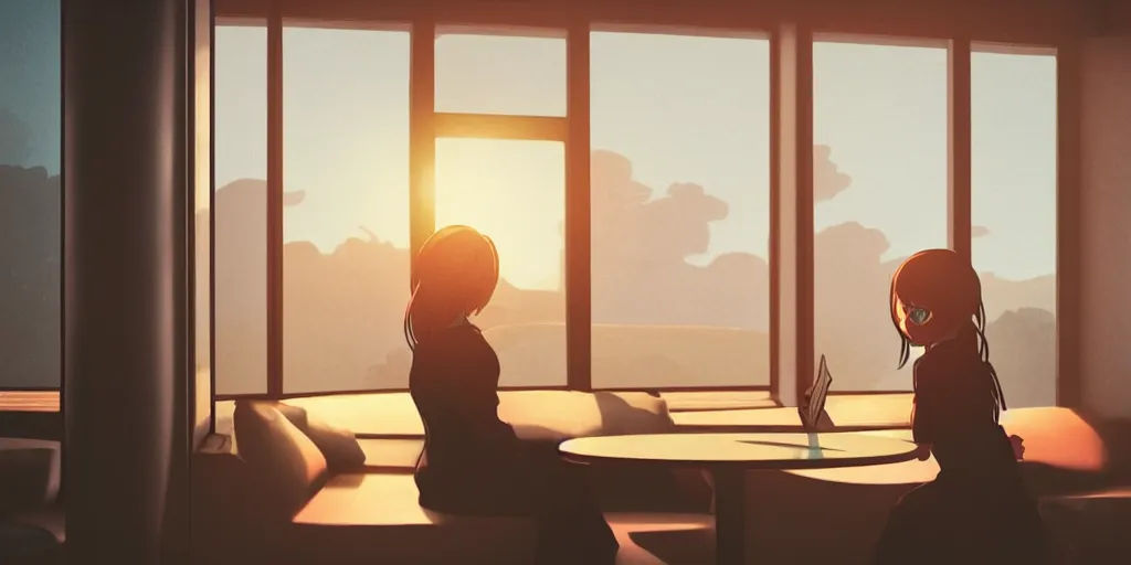 Image similar to Girl reading in a window seat in a coffee shop at sunset cinematic lighting, style by Makoto Shinkai