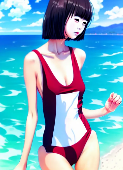 Image similar to ulzzang korean girl wearing one - piece swimsuit portrait, beach background, full body shot, ilya kuvshinov, anime, pixiv top monthly, trending on artstation, cinematic, danbooru, zerochan art, kyoto animation