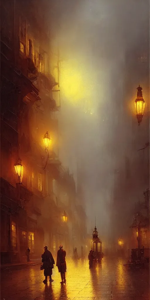 Image similar to a street of a city in 1 9 4 0 with yellow light on from the windows during the night, a men stand up under a light, steam punk, mystical red fog, oil on canvas, art by andreas achenbach, clemens ascher, tom bagshaw and sabbas apterus,