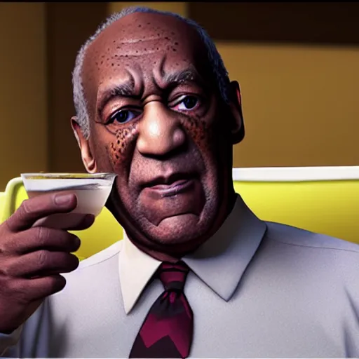 Image similar to bill cosby holding a drink in the sims 4, movie still, cinematic lighting, dramatic, octane render, long lens, shallow depth of field, bokeh, anamorphic lens flare, 8 k, hyper detailed, 3 5 mm film grain