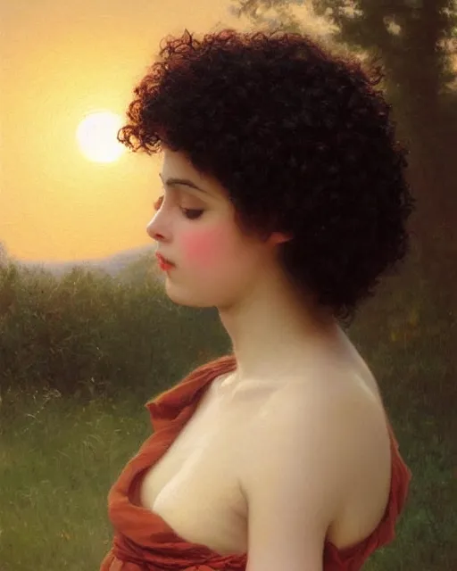 Prompt: beautiful glorious realistic oil painting of a girl, short black curly hair, bokeh, in the style of bouguereau, sunset, highly detailed and photorealistic, 8 k high detail and intricate