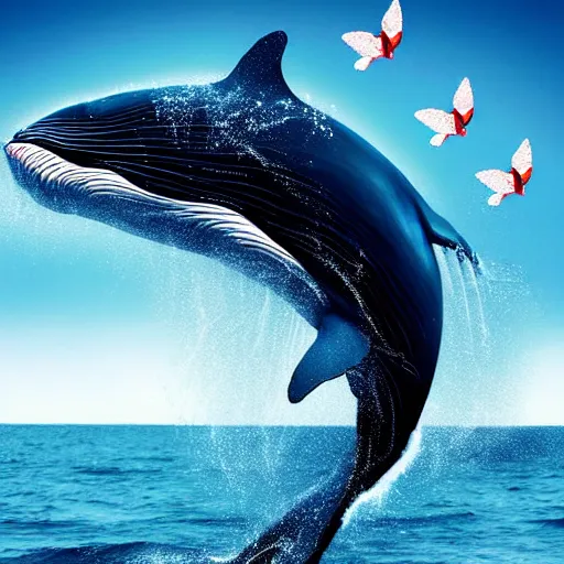 Image similar to photomanipulation of a whale that has tiny fairy wings, the wings are inspired by tooth fairy's wings, fully detailed, 4 k, real footage