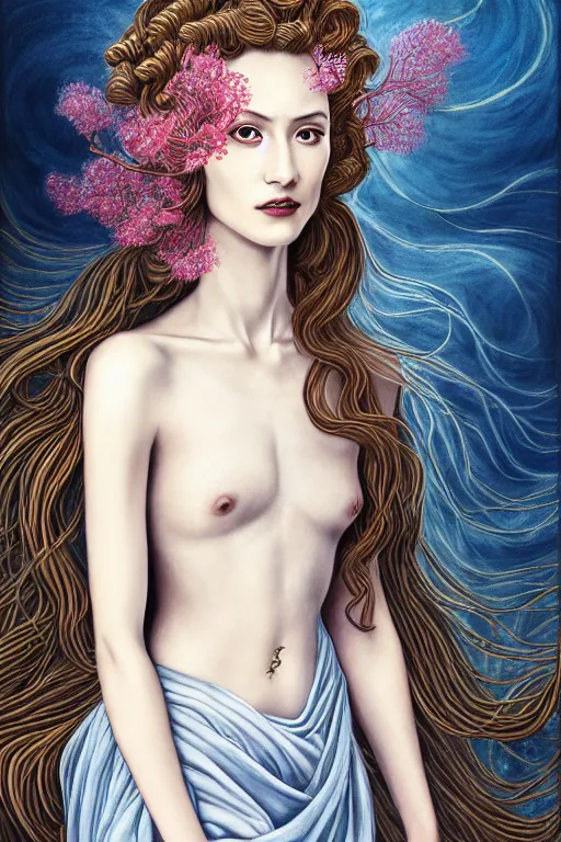 Prompt: portrait of a young female wizard in flowing sensual dress, arrogant, long fine flowing hair, delicate, looking at camera, slight nerdy awkward smile, realistic face, stylish, elegant, grimdark fantasy, flowers, extremely detailed painting inspired by Gerald Brom and Ernst Haeckel and Sandro Botticelli , studio lighting