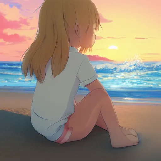 Prompt: beautiful, detailed digital painting of a blond-haired child sitting on the beach looking at the sunset, anime by Makoto Shinkai, sand, waves, trending on artstation