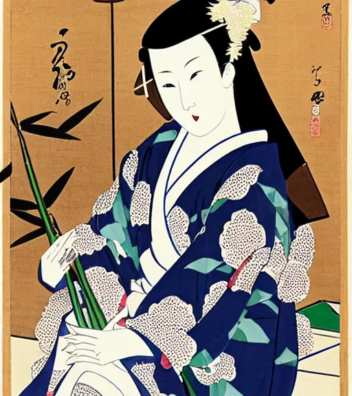 Prompt: madonna the singer in a beautiful kimono holding in her hand a fan, sitting on the floor next to a black and white playing cat, in the background a folding screen with blue irises and a window with bamboo. in the style of bijin - ga.