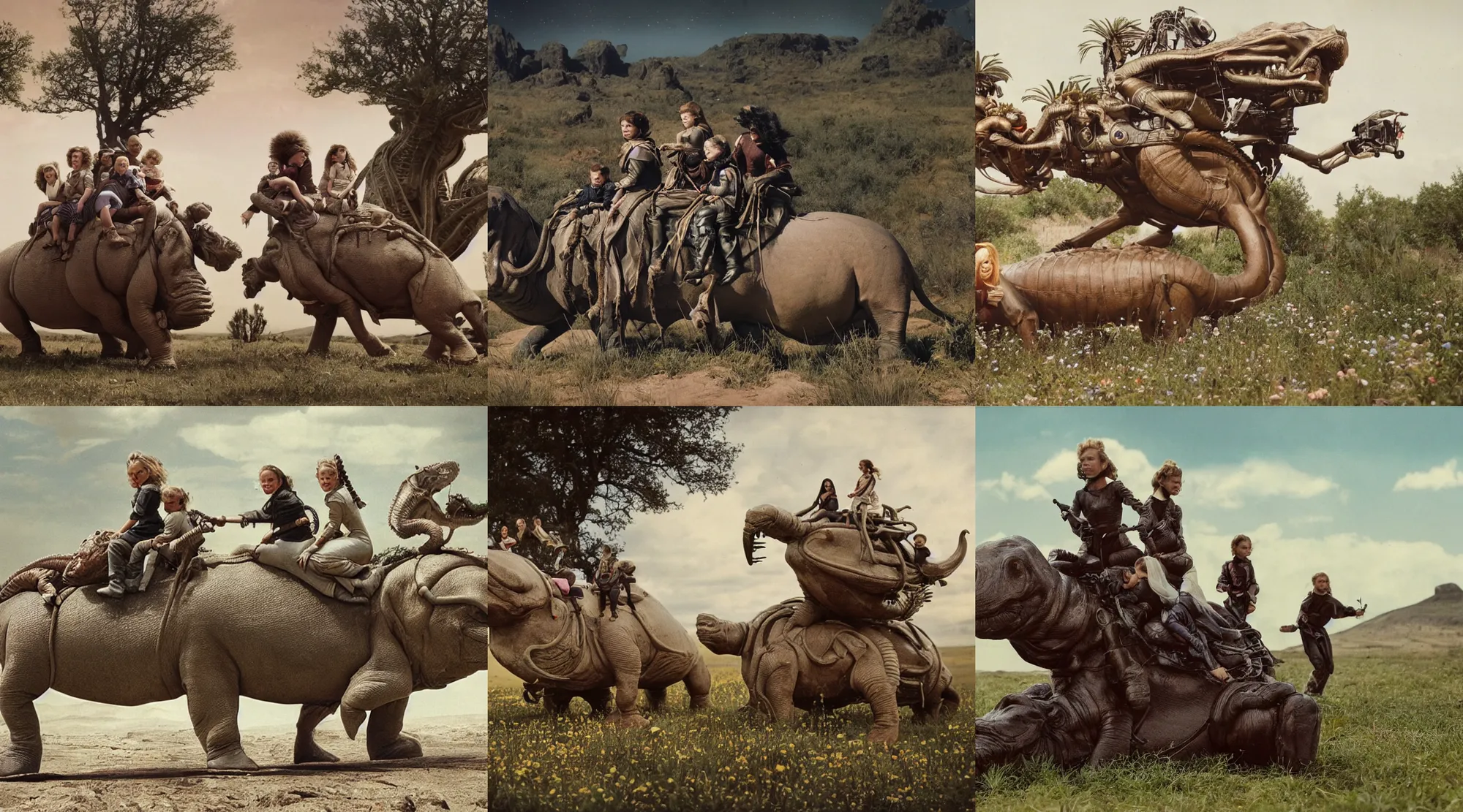 Prompt: 70mm film still from a sci fi blockbuster movie made in 2022, set in 1860, of a family riding on the back of alien hippos, on an alien planet, across an alien landscape that is full of strange wild alien plants and flowers, the family are wearing 1850s era clothes, cinematic lighting, 4k, in focus faces, good quality lighting, good quality photography, oscar winner