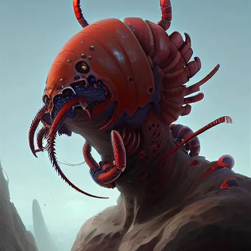Image similar to professional ominous concept art portrait of a lobster - human chimera character by artgerm and greg rutkowski. an intricate, elegant, highly detailed digital painting, concept art, smooth, sharp focus, illustration, in the style of simon stalenhag, wayne barlowe, and igor kieryluk.