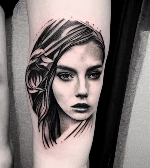 Image similar to tattoo design sketch of a beautiful woman face with a stunning mountain view faded background on her side, hyper - realistic, double exposure, in the style of matteo pasqualin, amazing detail, black and white, faded