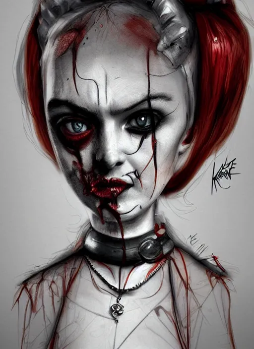 Image similar to surrealism grunge cartoon portrait sketch of lily cole as harley quinn, by michael karcz, loony toons style, freddy krueger style, horror theme, detailed, elegant, intricate