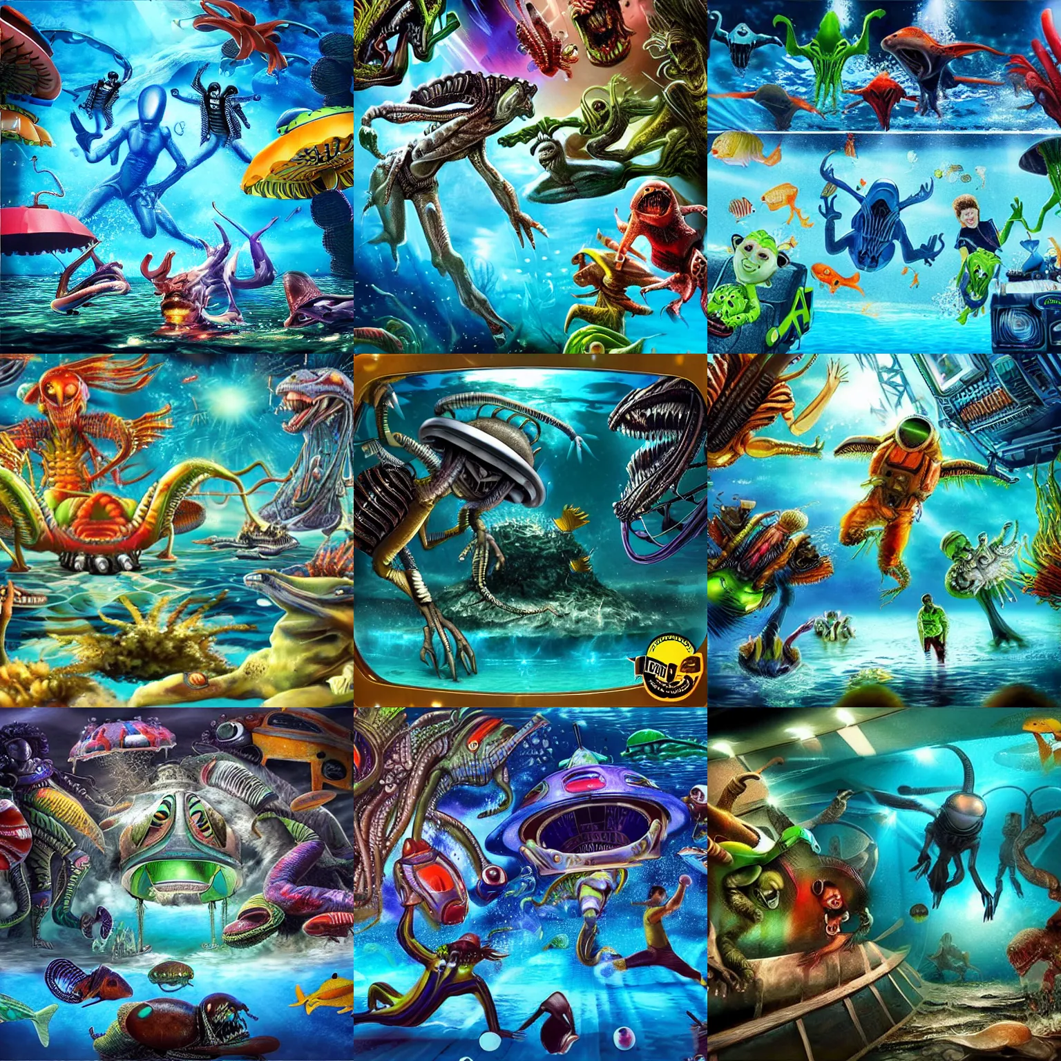 Prompt: aliens of different kinds playing in an amazing underwater amusement, photorealistic, detailed