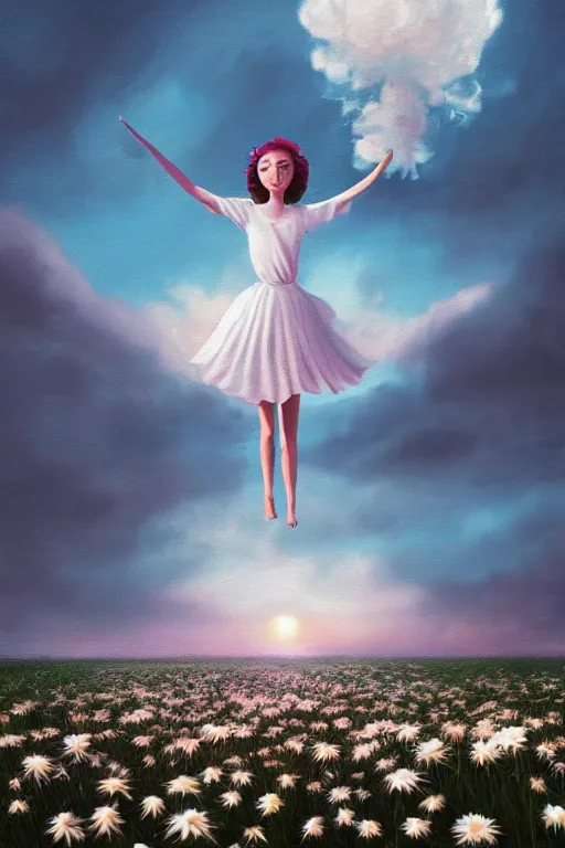 Image similar to giant white daisy flower on head, girl dancing in a flower field, surreal photography, sunrise, dramatic light, impressionist painting, colorful clouds, digital painting, artstation, simon stalenhag