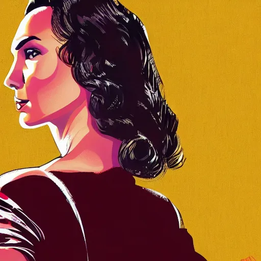 Prompt: portrait of gal gadot in the style of bill medcalf, retro, 4 k, detailed