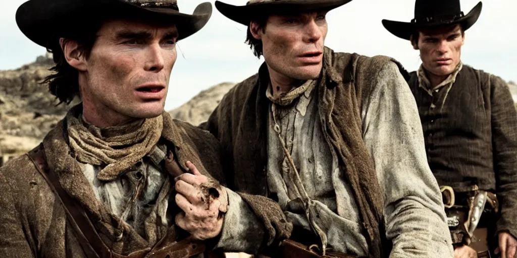 Prompt: rugged bandit cillian murphy in the old west, strangling hank floyd. volumetric lighting, cinematic, dark, grim. directed by coen brothers.