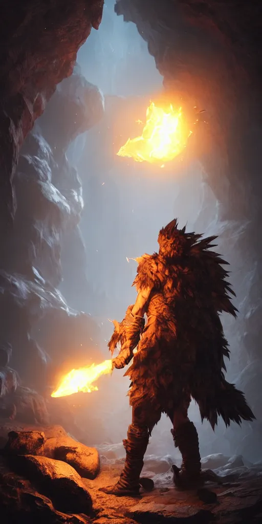 Image similar to a epic hero adventurer holding a torch in a dark cave, fantsy, concept art, artgerm, monster hunter world, 8 k realistic, radiant light, frostbite 3 engine, dof, cryengine, digital art, detailed background