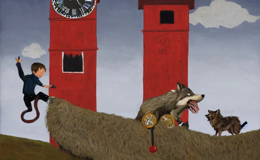 Prompt: a boy fighting a wolf on the edge of a clocktower, by oliver jeffers, gouche, print