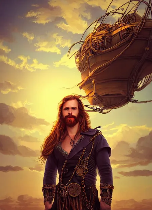 Prompt: portrait painting of a handsome face rugged long hair crimson hair male captain simple clothing top half portrait soft hair steampunk ornate mechanical zeppelin airship in the background sky sunset golden hour fantasy rugged book cover art atmospheric lighting art by mullins rutkowski bussiere