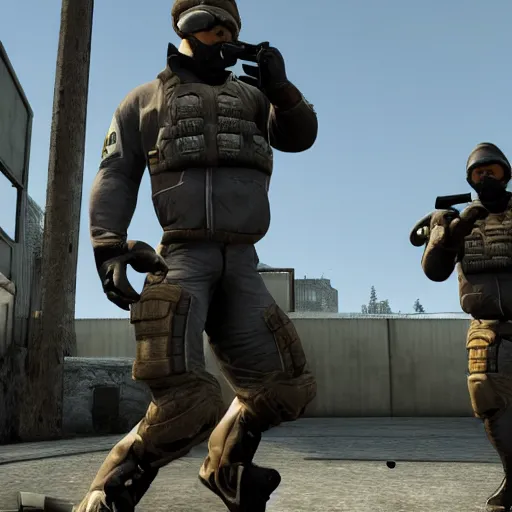 Image similar to a screenshot of arnold schwarzenegger in cs : go, full body shot