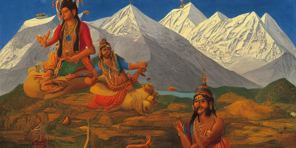 Image similar to Shiva on his Vimana with the Himalaya from the Shiva Rahasya 1827 in the style of David Hockney, detailed oil painting