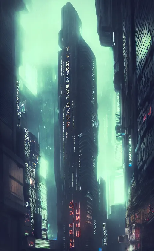 Prompt: low angle of a dark ominous building in a blade runner city, flying cars, volumetric lighting, epic composition, hyper - detailed, ultra - realistic, sharp focus, octane render, volumetric, ray tracing, artstation trending, cgsociety, sense of awe, 8 k resolution, by syd mead, artgerm, ross tran, fuji choko