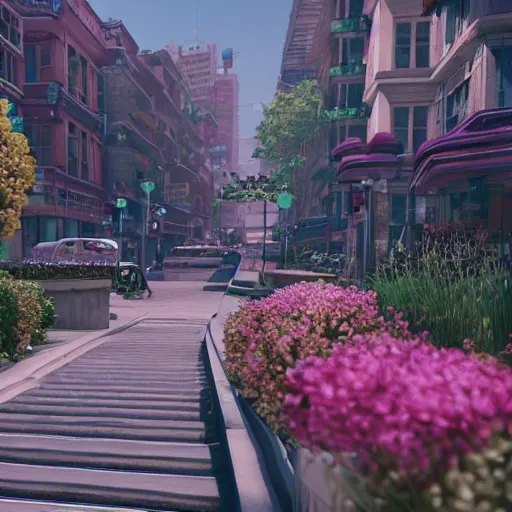 Prompt: an art deco cityscape, street lined with flowers. cinematic still from final fantasy advent children, 3 d, octane render, realistic 8 k, dynamic lighting