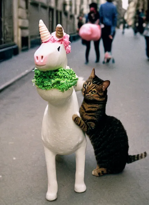 Prompt: a unicorn in paris, a cat and a piece of cabbage are bursting out of its horn, lsd, canon 5 d 5 0 mm lens kodachrome