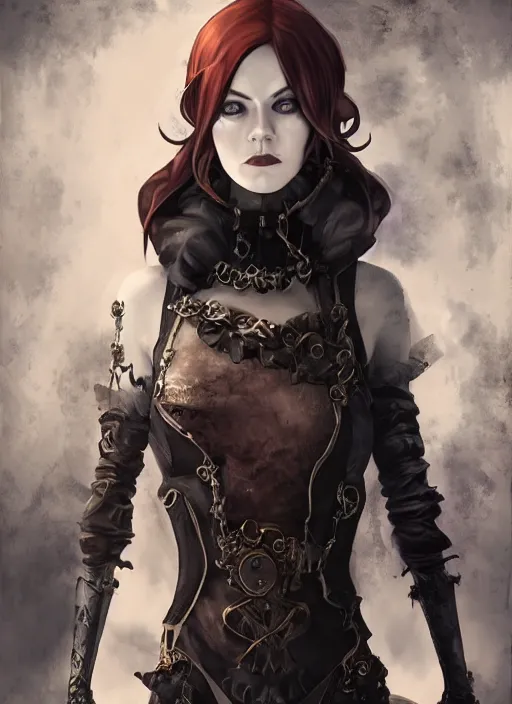 Image similar to dark goth gothic steampunk portrait of emma stone, hyper detailed, digital art, cinematic lighting, studio quality, smooth render, unreal engine 5, octane rendered, art style by klimt and nixeu and ian sprigger and krenz cushart.