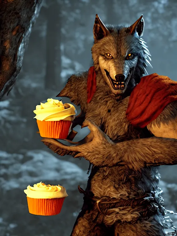 Prompt: cute handsome cuddly burly surly relaxed calm timid werewolf from van helsing holding a cupcake with frosting unreal engine hyperreallistic render 8k character concept art masterpiece screenshot from the video game the Elder Scrolls V: Skyrim deep vibrant gold citrus orange