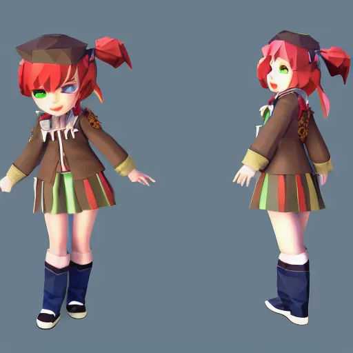 Image similar to ultra low poly modelling, top walking isometric view, 1 6 bit colors, from touhou, a chibi girl, brown jacket with long sleeves, pigtails hair, volumetric lighting, fantasy, 4 k, intricate, hyper realistic, by blizzard, warcraft 3, backlit