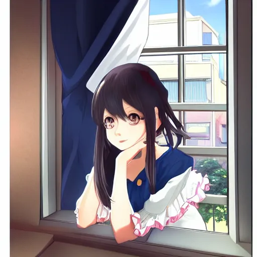 Image similar to portrait of a bored girl sitting at the window of the shinjuku apartment, anime fantasy illustration by tomoyuki yamasaki, kyoto studio, madhouse, ufotable, trending on artstation