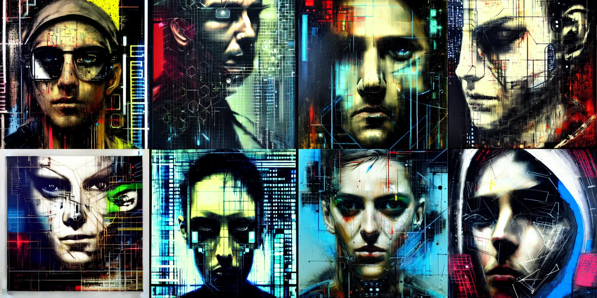 Prompt: hyperrealistic portrait of a cyberpunk hacker in cyberspace, by Guy Denning, Johannes Itten, Russ Mills, hacking effects, detailed lines, color blocking!, acrylic on canvas, insane detail, intricate, front view, symmetrical, octane, concept art, abstract, artistic, 8k, cinematic, trending on artstation