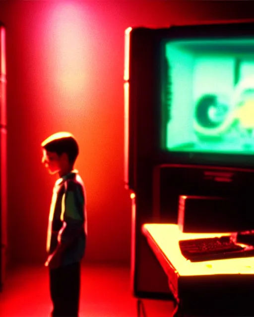 Image similar to 8k professional photo of an 8 years old enlightened and scared boy standing in front of an old computer from 90s with a game doom2 at the monitor screen in a vaporwave space, still from a movie by Gaspar Noe and James Cameron