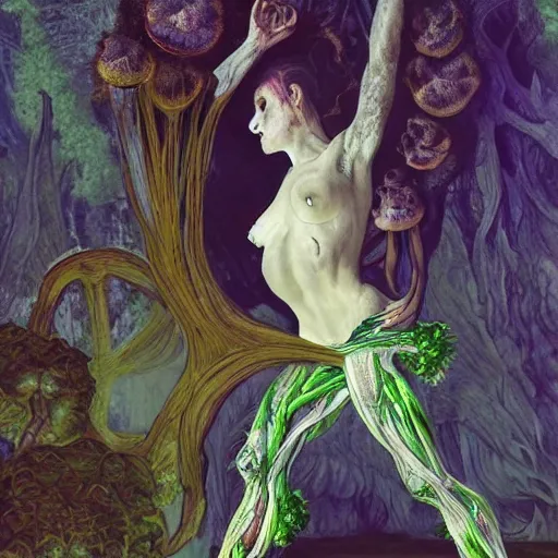 Image similar to a beautiful detailed full body rotten woman corpse morphing into fractal plants and fractal flowers and mushrooms, muscles, veins, anatomical, intricate, ornate, volumetric light, beautiful lit, manet