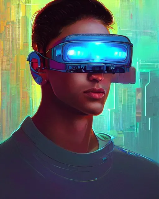 Image similar to future coder man looking on, sleek cyclops display over eyes and sleek bright headphoneset, neon accent lights, holographic colors, desaturated headshot portrait digital painting by dean cornwall, rhads, john berkey, tom whalen, alex grey, alphonse mucha, donoto giancola, astronaut cyberpunk electric