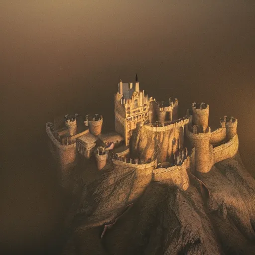 Image similar to view from above of a castle, architecture, mountains, Game of thrones style, Dusk, in the mist, dark atmosphere, cinematic lighting, Roger Deakins, Artstation Matte Painting, Albert Whitlock, horror, Vale in the mountains, concept art, 4k, unreal engine